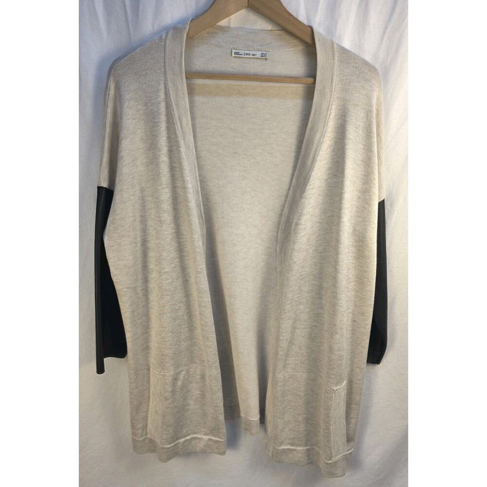Zara Knit Women's Medium Open Cardigan With Contrasting Faux Black Leather Arms